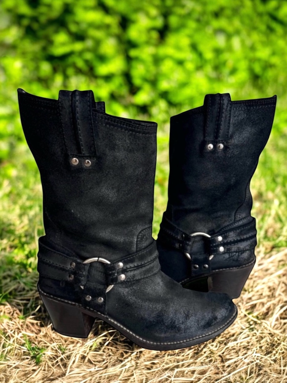 FRYE Carmen Harness Boots Black Suede Moto Boots